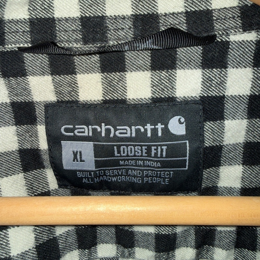 Carhartt Loose Fit Flannel Shirt XL Black White Check Plaid Work Button Up - Picture 3 of 5